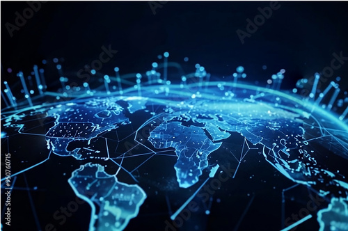 An abstract concept of a global network featuring a blue glowing world map, with digital connections across the globe, showcasing data transfer and cyber technology in a futuristic background.
