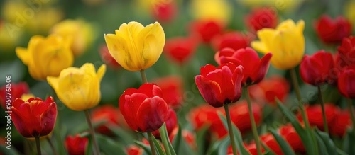 Yellow And Red Tulip Flowers Field And Closeup