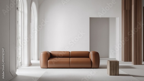 A beautiful leather sofa in a minimalist style room with white walls. A cozy space with a leather sofa in a spacious and elegant space.