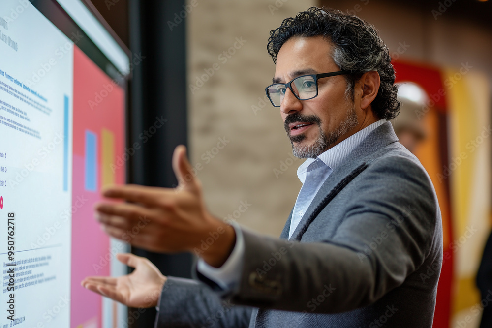 Businessman presenting marketing data on a digital screen while using hand gestures Businessman presenting marketing data on a digital screen while using hand gestures