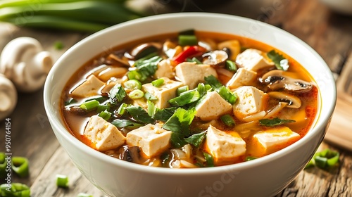 Delicious Bowl of Hot and Sour Soup with Fresh Ingredients and Aromatic Spices