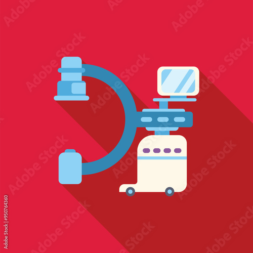 Medical imaging equipment standing with large arch containing x ray equipment