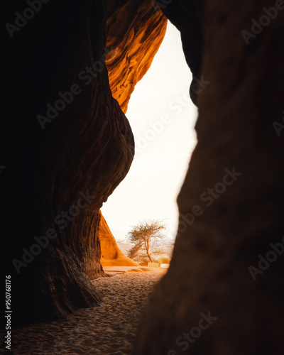 Blick durch die Schlucht bei Hegra auf einen einsamen Baum bei magischen goldenen Licht im Wüstenland AlUla Medina Saudi-Arabien 