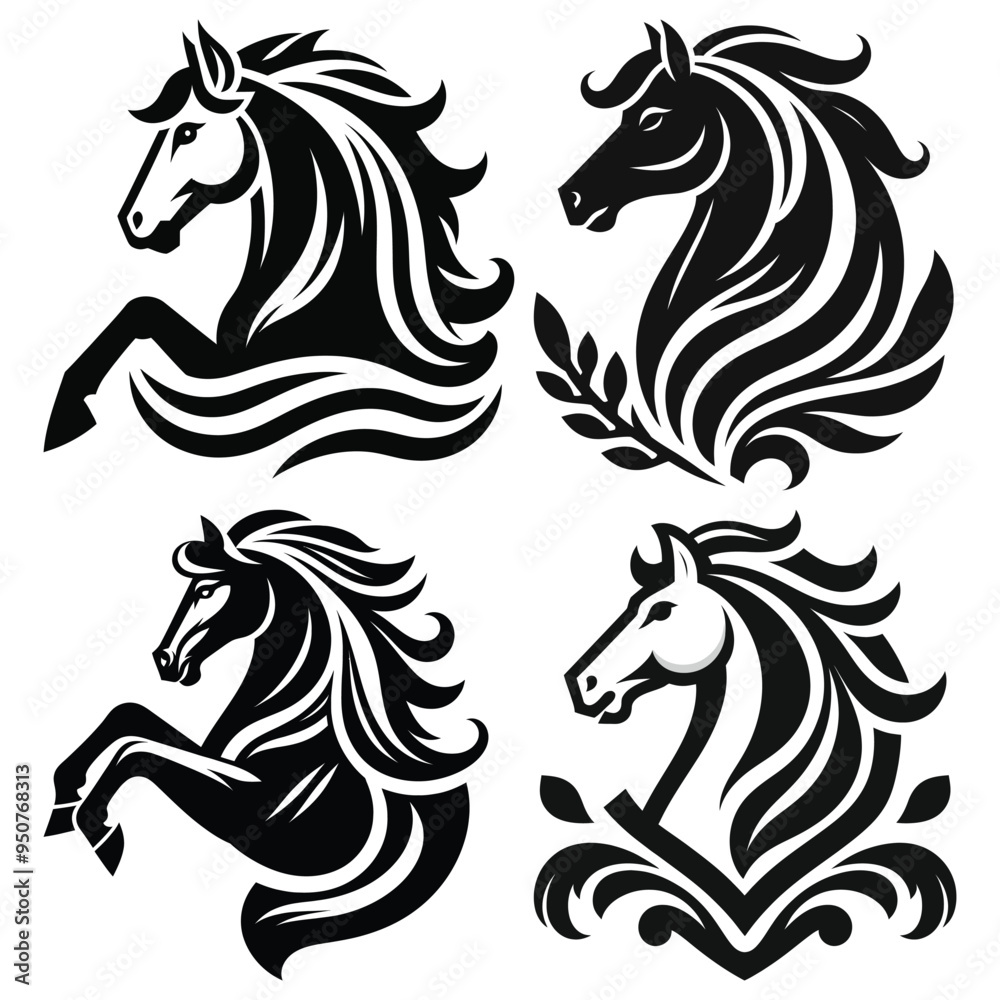 Elegant horse silhouettes vector illustration black and white detailed artwork, perfect tattoo design Elegant horse silhouettes vector illustration black and white detailed artwork, perfect tattoo design