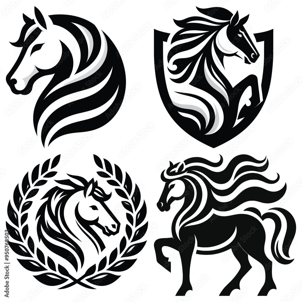 Elegant horse illustrations, black and white, vector art, ideal for logos and branding designs Elegant horse illustrations, black and white, vector art, ideal for logos and branding designs
