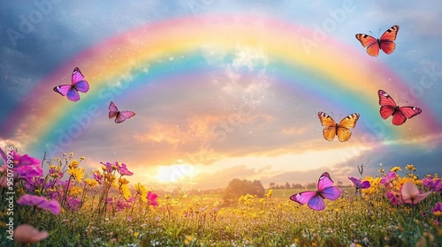 Bright rainbow over a rural landscape with digital butterflies flying, colorful weather, surreal style, hope and renewal, vivid colors.