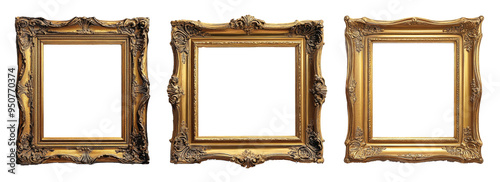 Antique carved gilded frame isolated on white background. Vintage golden rectangle frame for photo. 