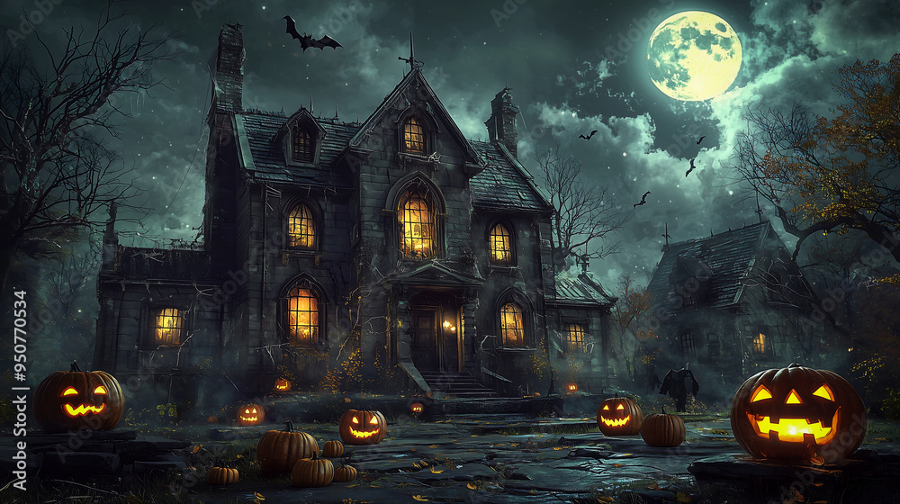 Haunted House on Halloween Night with Glowing Jack-O'-Lanterns and Full Moon