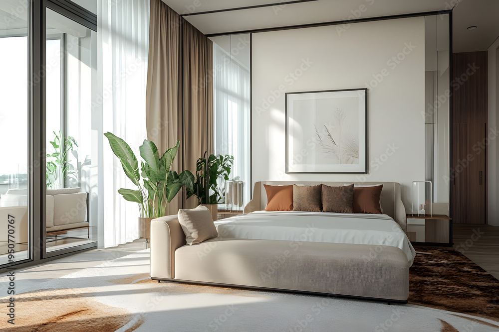 Fototapeta premium Stylish hotel bedroom interior with sofa and bed, glass partition. Mockup frame