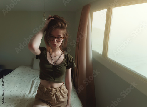 Portrait de face jeune femme à lunettes dans une chambre baignée de lumière naturelle, intimité , pose sexy, lolita, sexualité précoce photo