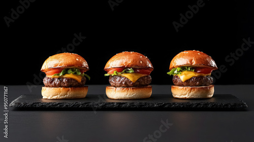 a row of three mini burger sliders each slightly different on a dark slate