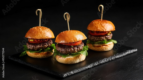 trio of gourmet mini burger sliders on dark slate background