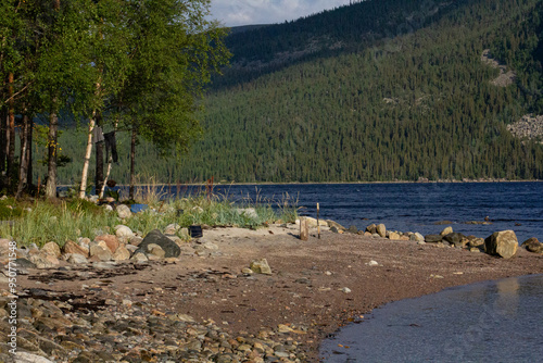 The coastline of the White Sea, in summer, in July, in the Murmansk region, in the north.Tourism, deserted place of rest