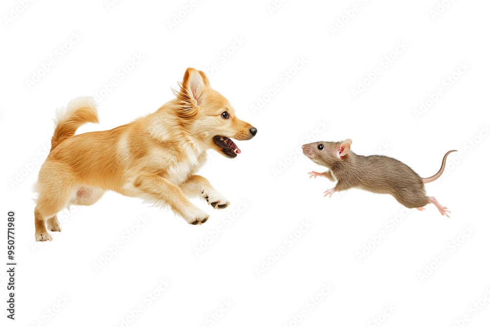 A dog and rat playfully chasing each, isolated on a transparent background. A dog and rat playfully chasing each, isolated on a transparent background.