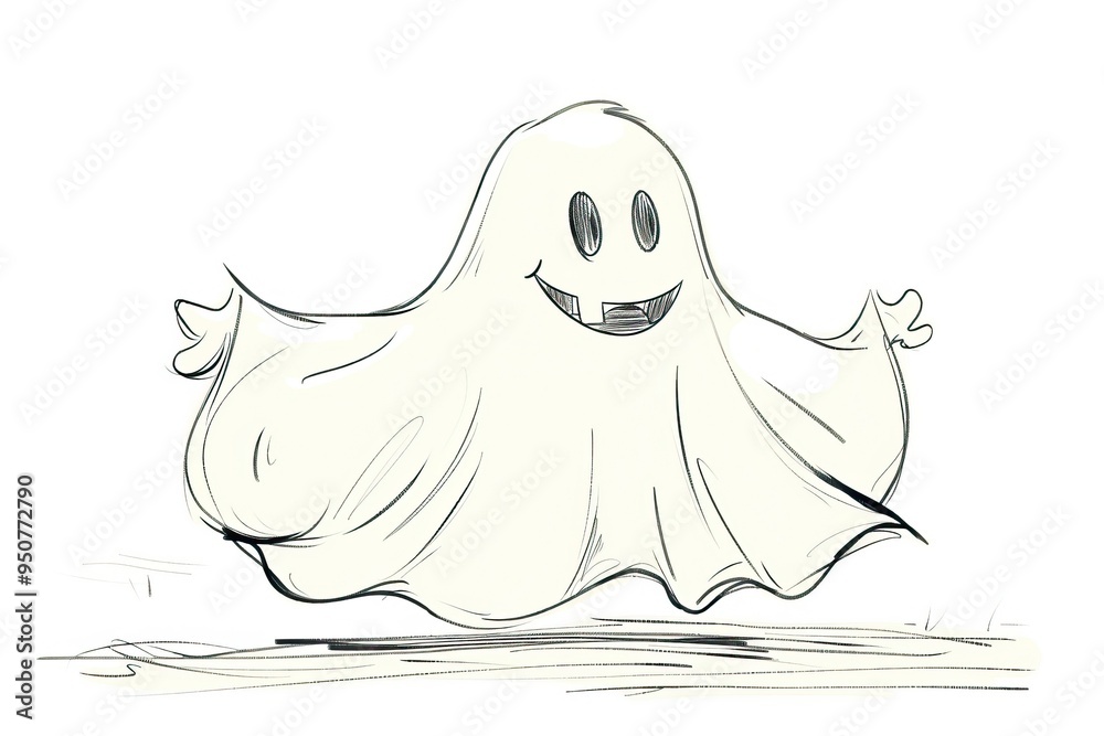 Happy cartoon ghost floating with a big smile, sketch style. Halloween concept Happy cartoon ghost floating with a big smile, sketch style. Halloween concept