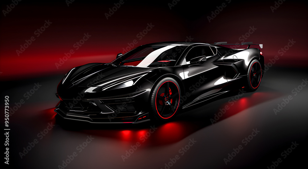 Sleek black sports car with red accents. Sports car concept. Sleek black sports car with red accents. Sports car concept.