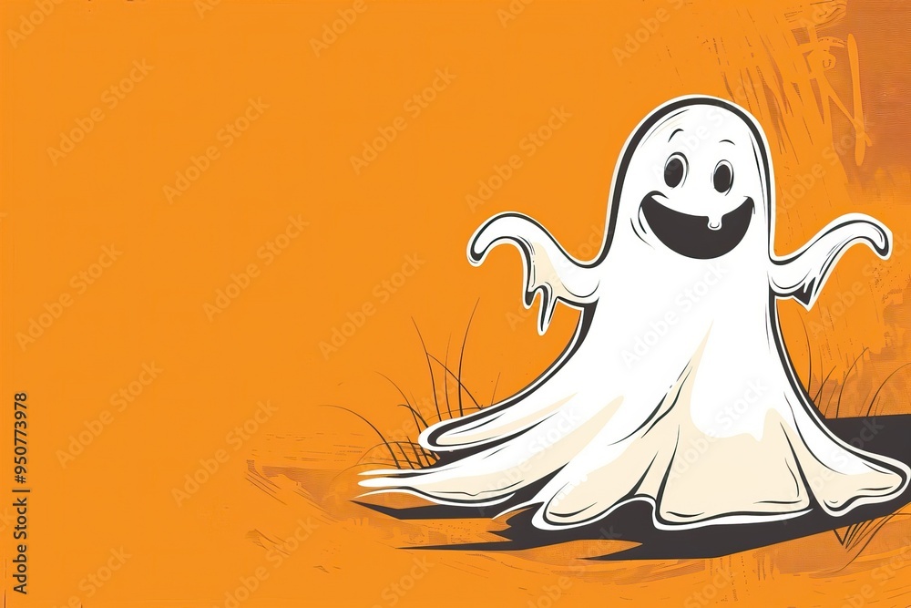 Happy cartoon ghost floating with big smile orange background. Halloween concept Happy cartoon ghost floating with big smile orange background. Halloween concept