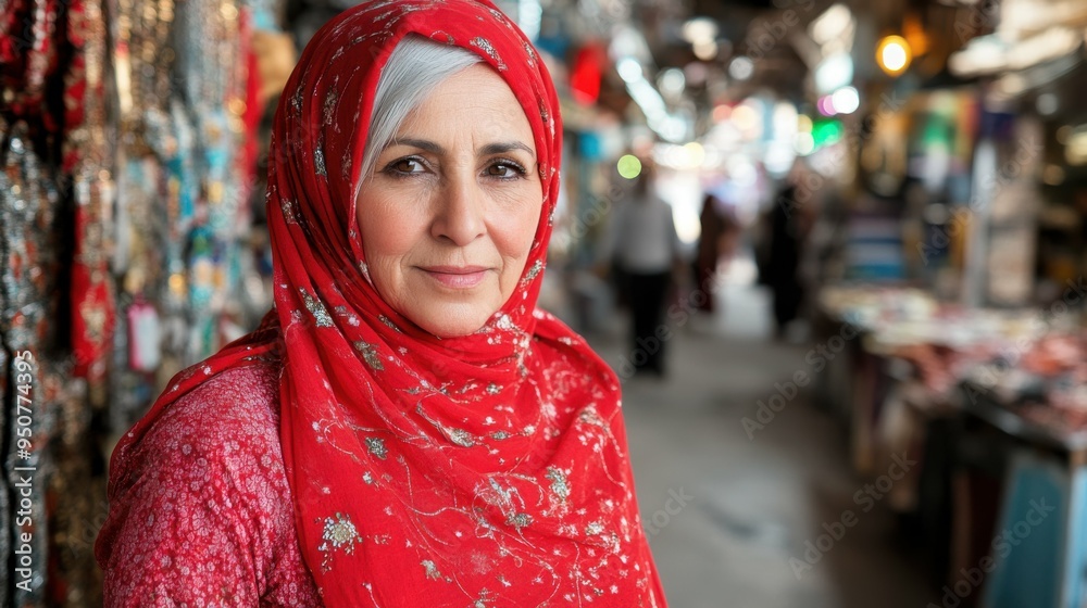 Fototapeta premium An elderly woman, dressed in a striking red scarf and outfit, exudes warmth and confidence while surrounded by a lively marketplace buzzing with shoppers and colorful merchandise