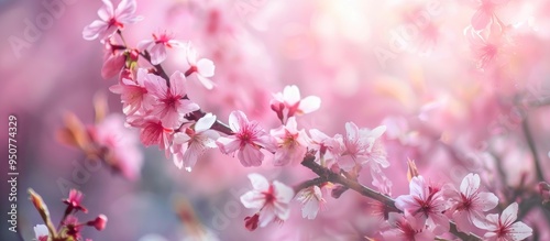 Blooming Pink Flowers Of Sakura Cherry Blossom Season In Springtime Close Up Nature Background