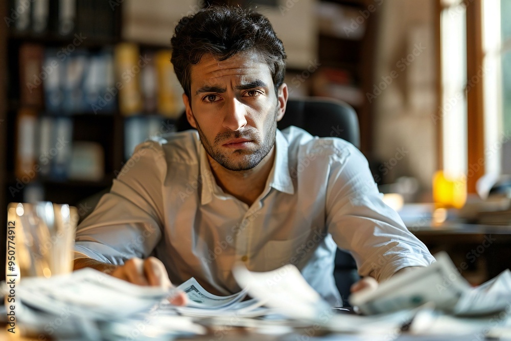 close-up shot of a young man in an office looking frustrated while working with bills scattered over his desk, showcasing the stress and pressure of his job. close-up shot of a young man in an office looking frustrated while working with bills scattered over his desk, showcasing the stress and pressure of his job.