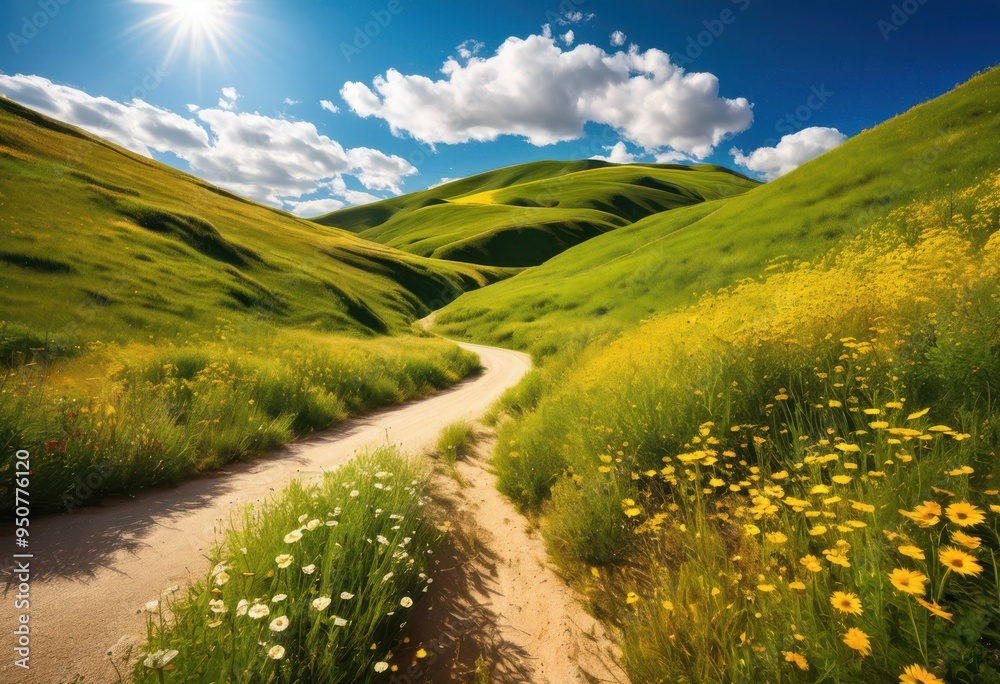 Naklejka premium vibrant landscape featuring travel essentials endless roads under bright sky lush greenery open spaces, adventure, adventures, beauty, breathtaking