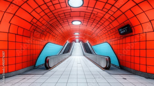 Fototapeta Naklejka Na Ścianę i Meble -  The vibrant orange tunnel features smooth surfaces and bright lighting, guiding the way to escalators at the end, creating an inviting atmosphere for travelers