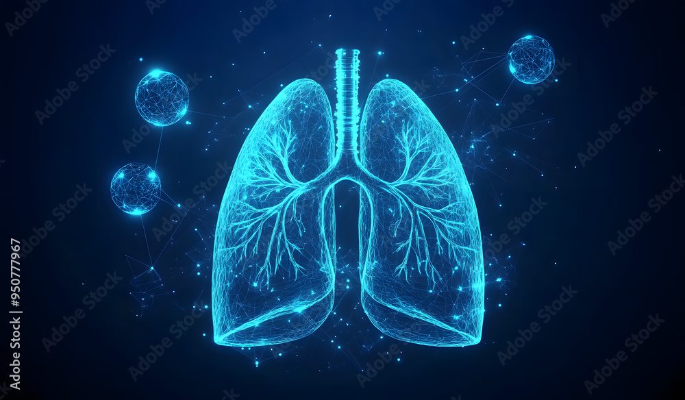 An abstract blue human lung surrounded by a neon sphere shield. Health care protection medical concept. Futuristic low poly style. Geometric background. Wireframe light connections. An abstract blue human lung surrounded by a neon sphere shield. Health care protection medical concept. Futuristic low poly style. Geometric background. Wireframe light connections.