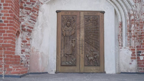 Wooden door in a brick building