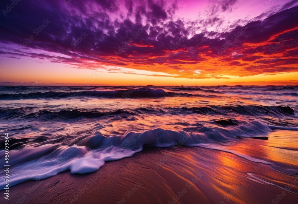 Fototapeta premium vibrant ocean sunset showcasing radiant waves dramatic shadows over water, sky, color, light, reflection, clouds, horizon, evening, scenery, nature