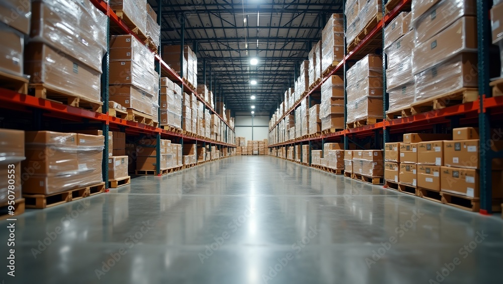 Fototapeta premium Industrial Warehouse storage shelves with uniform pallets