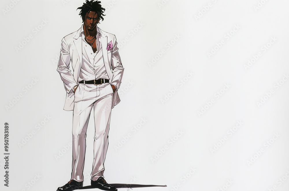homme noir ou métisse créole, avec des dreadlocks portant un costume blanc, style raffiné et décontracté espace négatif copyspace