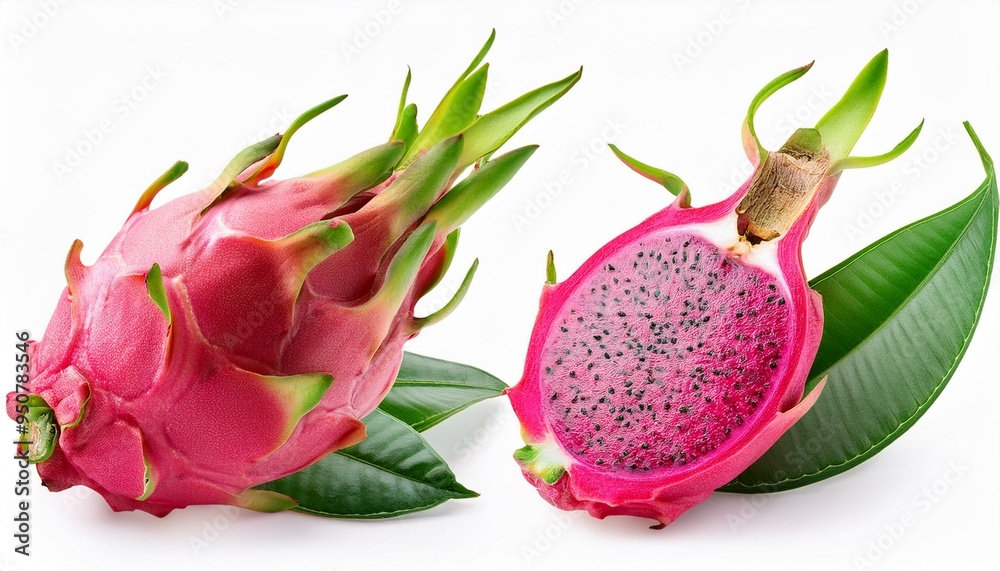 Set of Dragon fruit and leaves, isolated on white background Set of Dragon fruit and leaves, isolated on white background