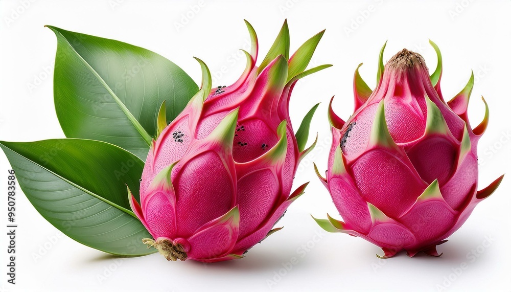 Set of Dragon fruit and leaves, isolated on white background Set of Dragon fruit and leaves, isolated on white background