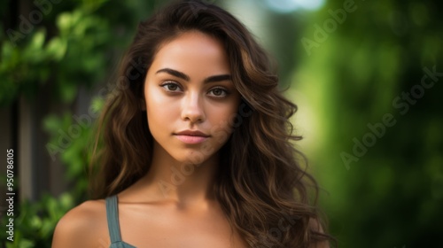 Close-up portrait of a young woman with wavy brown hair, standing outdoors. She gazes directly at the camera, surrounded by soft, natural light and lush greenery