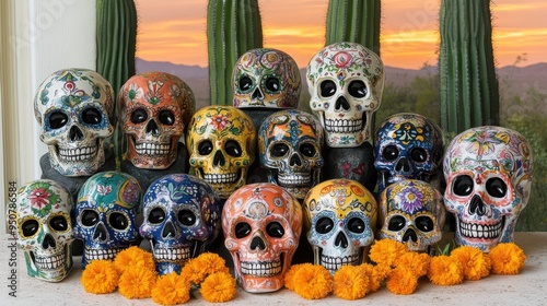 Array of Vibrant Sugar Skulls and Marigold Flowers Displayed Against a Sunset with Cactus Background Celebrating DÃ­a de los Muertos photo