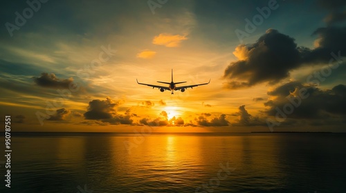 A plane soars above the tranquil tropical sea as the sun dips below the horizon, casting a golden glow across the serene waters. 