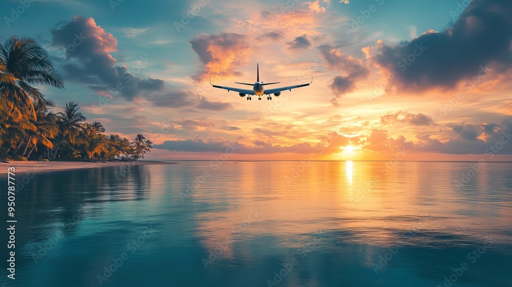 Naklejka premium A plane soars above the tranquil tropical sea as the sun dips below the horizon, casting a golden glow across the serene waters. 