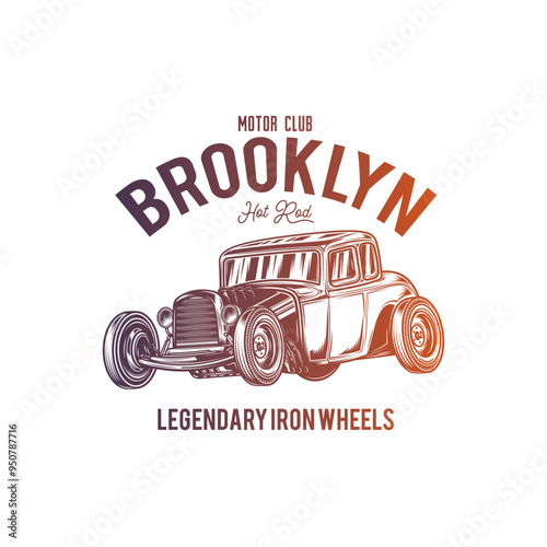 American hot rod. Classical model. Original vector illustration in vintage style isolated on white background. T-shirt design.