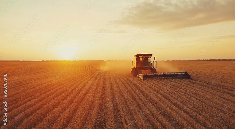 Fototapeta premium Harvest Time: Aerial View of Combine Harvester Sunset Working on Ripe Wheat Field, crop Harvest, moisson, , Agriculture, Concept of a rich harvest