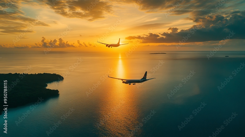 A plane soars above the tranquil tropical sea as the sun dips below the horizon, casting a golden glow across the serene waters. A plane soars above the tranquil tropical sea as the sun dips below the horizon, casting a golden glow across the serene waters.