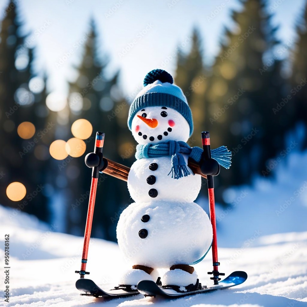 Obraz premium Snowman on skis against the backdrop of a winter forest