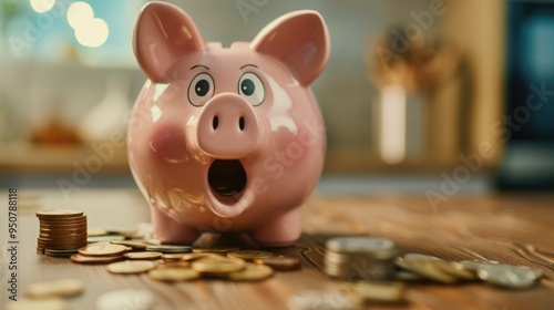 Wallpaper Mural Piggy bank surrounded by coins and banknotes representing savings and finances. Torontodigital.ca