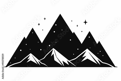 Minimalist Vector Mountain Range Silhouette with Sharp Peaks on White Background, Abstract Mountain Silhouette with Organic Textures and Irregular Peaks, 