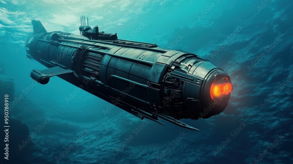 Futuristic Submarine with Red Light Traveling Underwater Futuristic Submarine with Red Light Traveling Underwater