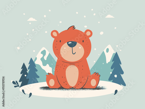 Cute cartoon bear sitting on the snow in the forest. Vector illustration.