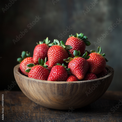 Close-Up of Ripe Strawberries in Rustic Wooden Bowl - Fresh and Vibrant