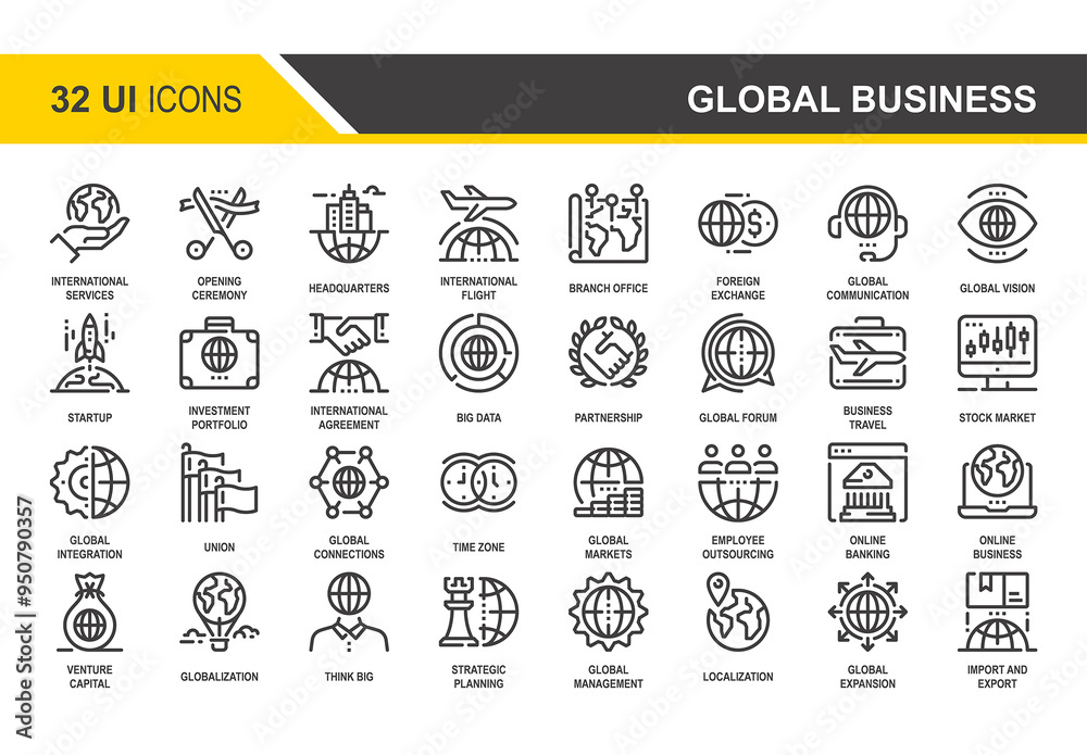 Vector set of global business flat line web icons. Each icon with ...