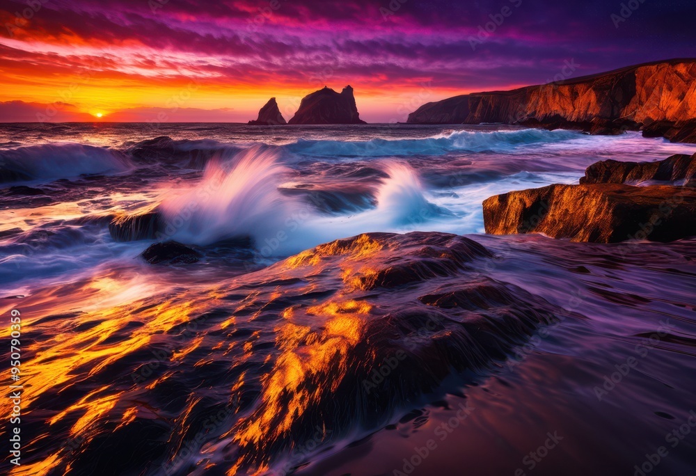 Fototapeta premium vibrant coastal sunset displaying stunning wave patterns rich colors dynamic textures, beach, sea, sky, clouds, waves, light, reflection, evening, horizon