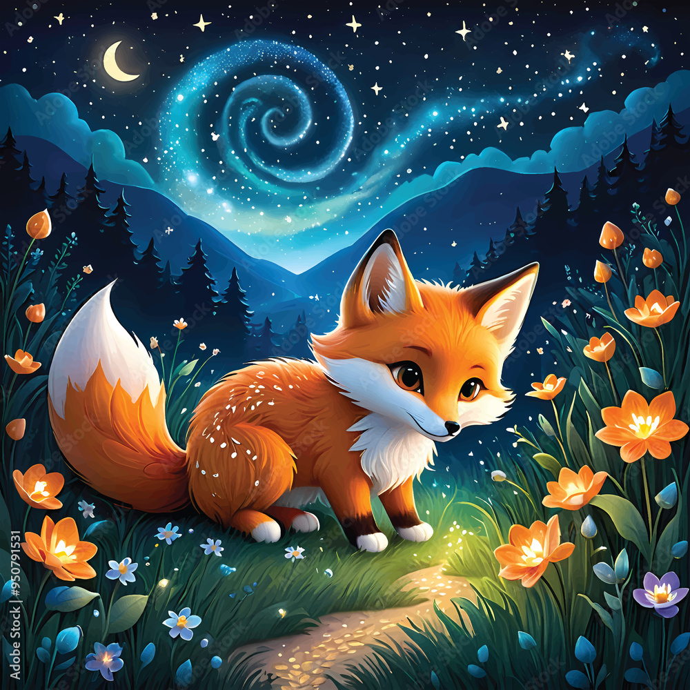 Fototapeta premium a small fox in a meadow that glows and blooms under the moonlight of fireflies