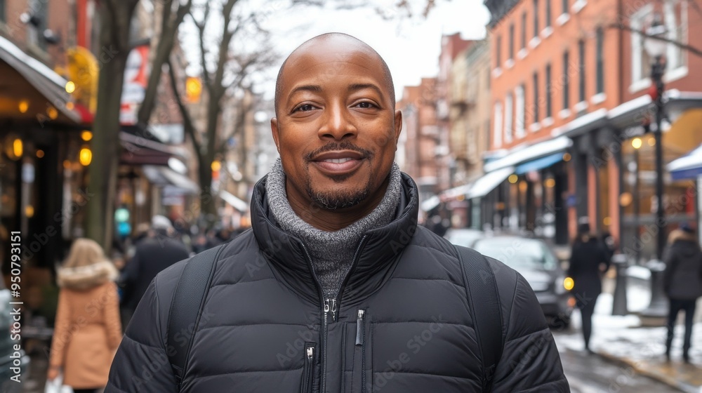 A multiracial man stands prominently on a bustling street, wearing a warm black jacket, exuding confidence while people explore shops and cafes in the background